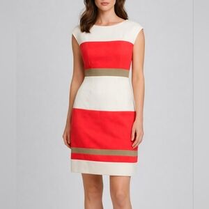 Studio 1 Colorblock Sheath Dress Coral Ivory Tan Cap Sleeve Knee Length